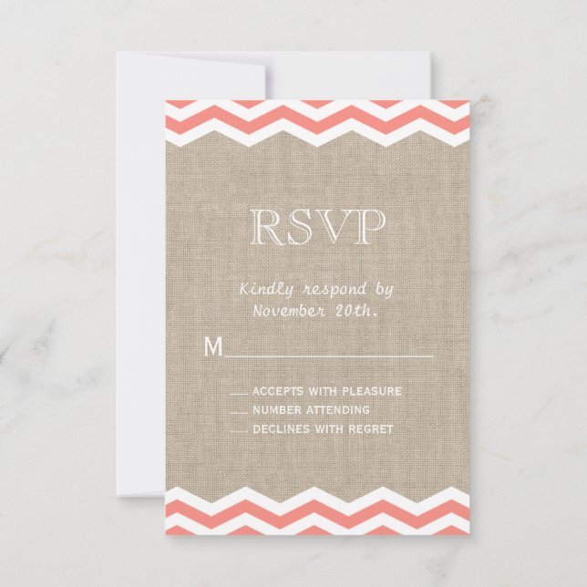Coral Chevrons em Burlap RSVP (Verso)