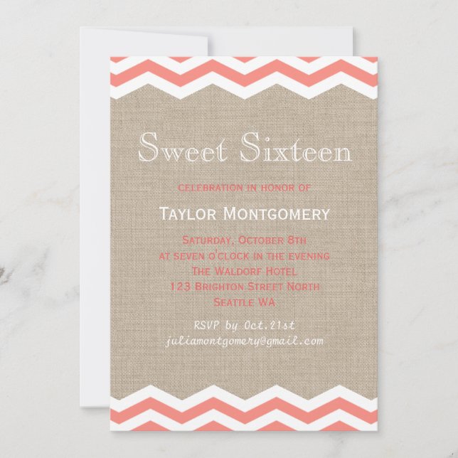 Coral Chevrons em Burlap Sweet Sixten Convite (Frente)