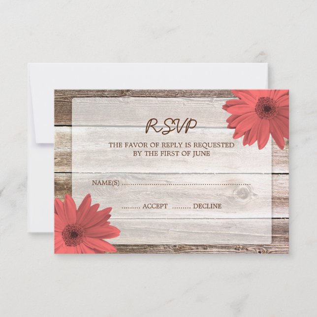 Coral Daisy Barn Wood Weding RSVP Resposta Cartão (Frente)