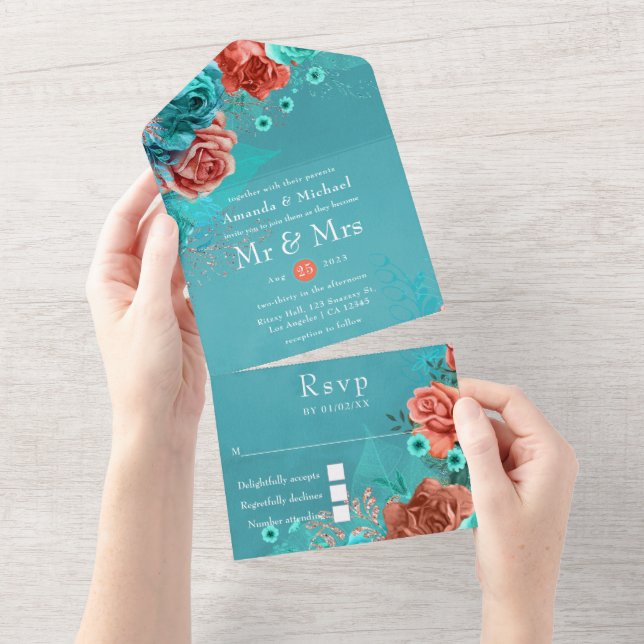 Coral e Teal Floral Wedding (Tearaway)
