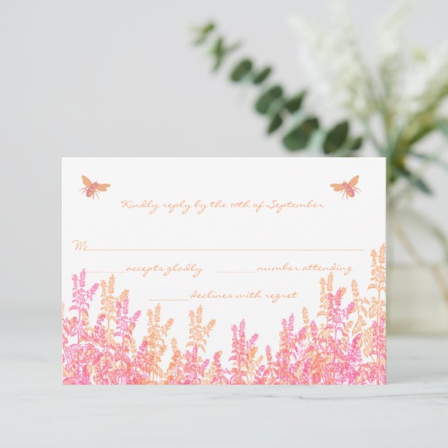 Coral & Fuchsia Wild Flower Bee Weding RSVP (Em pé/Frente)