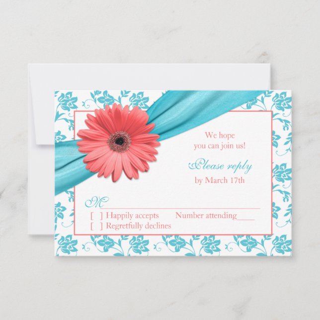 Coral Gerber Daisy Aqua Damask Floral Convite de R (Frente)