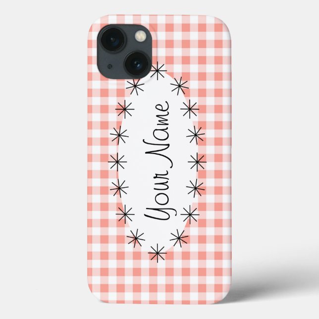 Coral Gingham Check oval star Name iPad Mini case (Verso)