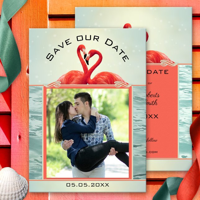 Coral Green Photo Flamingo Salve o Cartão de Data (Save the Date card featuring your photo on a flamingo and ocean themed coral and teal design)