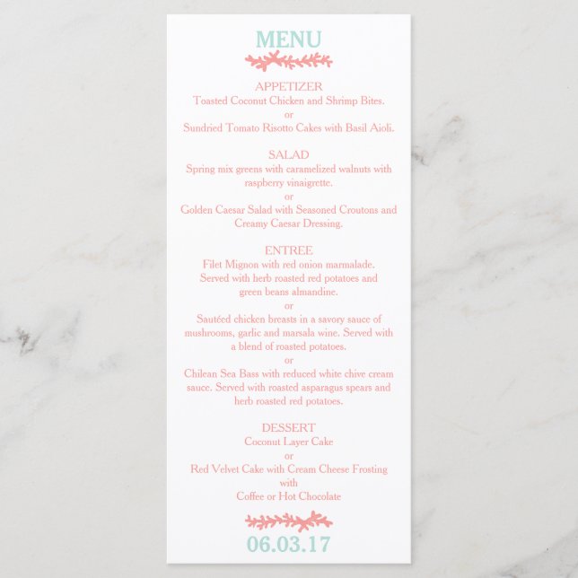 Coral Heart Aqua Beach Wedding Menu (Frente)