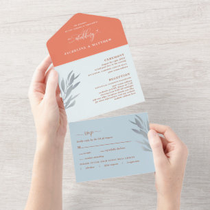 Coral Moderno e Casamento Azul com RSVP Perfurado