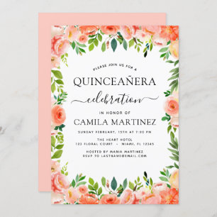 Coral Peach Floral Quinceañera Greenery Convite