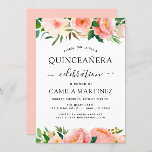 Coral Peach Floral Quinceañera Greenery Convite