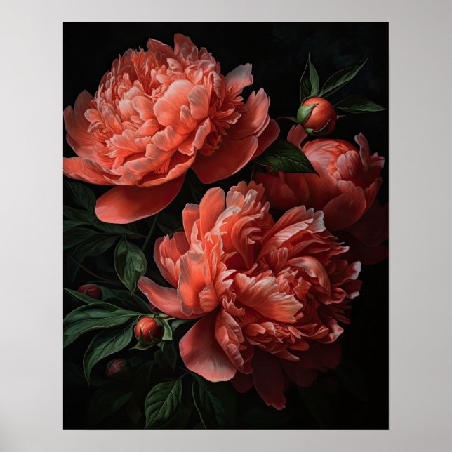 Coral Peony Flowers Art Impressão Poster (Frente)