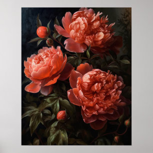 Coral Peony Flowers Art Impressão Poster