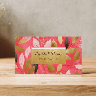 Coral Pink Gold Leaves Botanical Business Cards