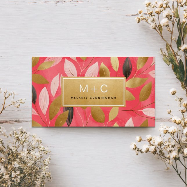 Coral Pink Gold Leaves Monogram Business Cards (Criador carregado)