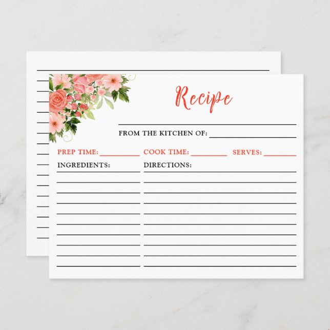 Coral Pink Red Roses Floral Recipe Card (Frente/Verso)