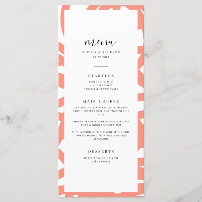 Coral Pop Modern Minimalist Abstrato Weding Menu (Frente)