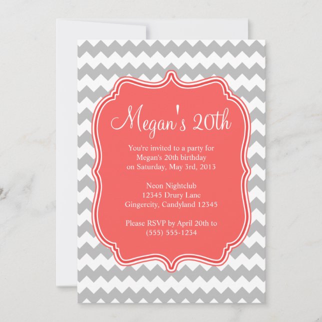 Coral Quatrefoil Chevron Convite Aniversário (Frente)