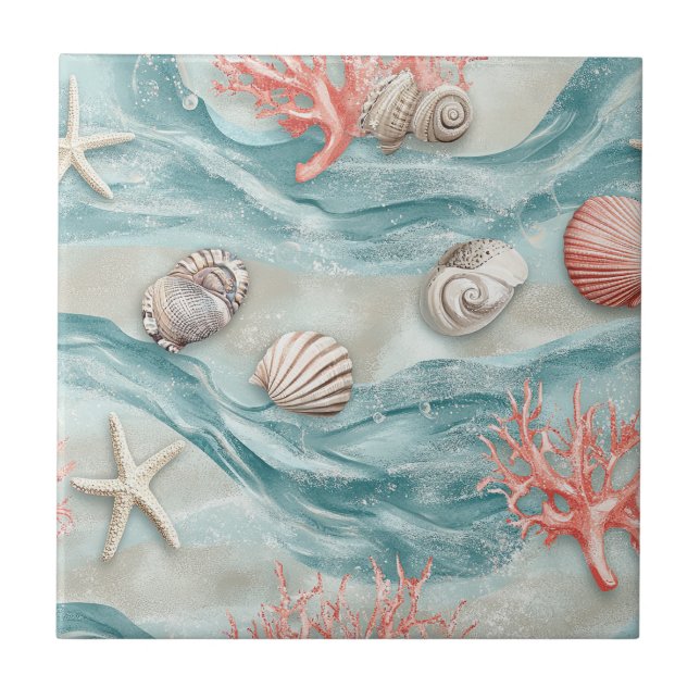 Coral Reef Seashells & Aqua Waves Pattern (12) (Frente)