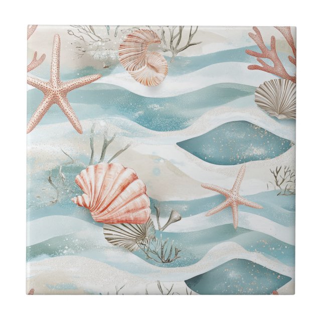 Coral Reef Seashells & Aqua Waves Pattern (4) (Frente)