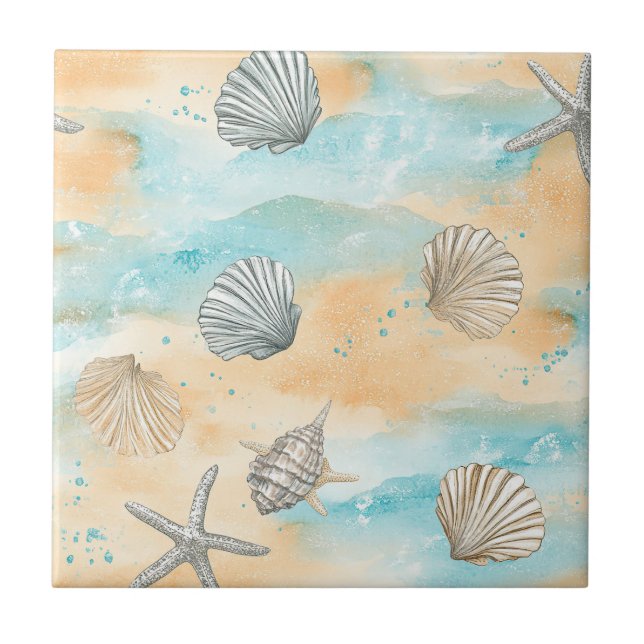 Coral Reef Seashells & Aqua Waves Pattern (5) (Frente)