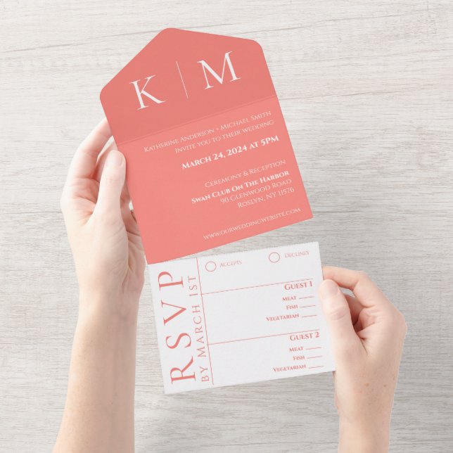 Coral rosa e Monograma Branco-Moderno-Casamento- (Aba destacável)