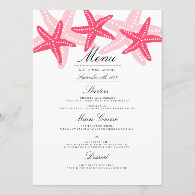 Coral Starfish Janto Casamento Praia Menu (Frente)