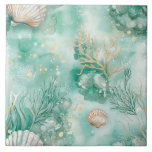 Coral submarino e conchas na Aquarela Teal<br><div class="desc">Traga a beleza tranquila do fundo do oceano para dentro de sua casa com este elegante azulejo cerâmico com ilustração aquática de coral e conchas. Colocados sobre um fundo rico, os delicados elementos marinhos - de conchas de vieiras a corais ramificantes - são pintados em tons suaves e naturais com...</div>