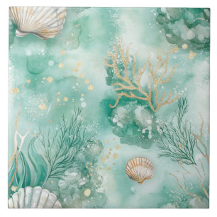 Coral submarino e conchas na Aquarela Teal