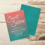 Coral & Teal Gradient Sweet 16 Aniversário Convite<br><div class="desc">Este na moda doce 16 convite apresenta um fundo de gradiente de coral e de chalé que tem um aspecto sutil de grunge/algas e a palavra "Doce Dezesseis" em uma letra de script de pincel de tendência. As cores dos corais e das chaleiras fazem deste um convite excelente para um...</div>