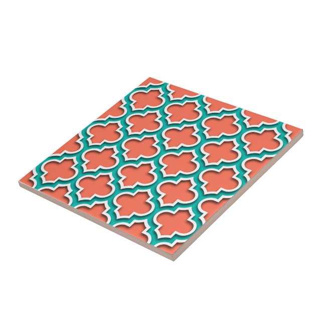 Coral Teal White Quatrefoil Marroquino #5DS (Lateral)