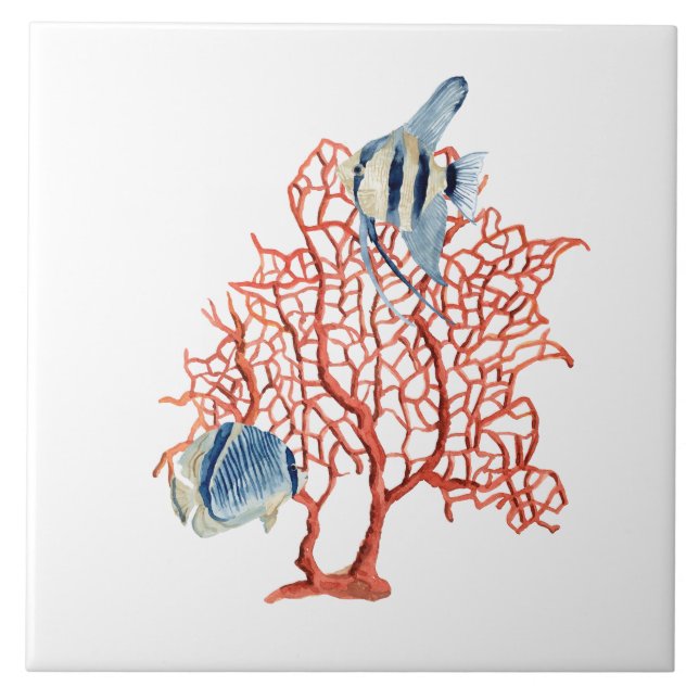 Coral vermelho com peixes tropicais, aguarela do (Frente)