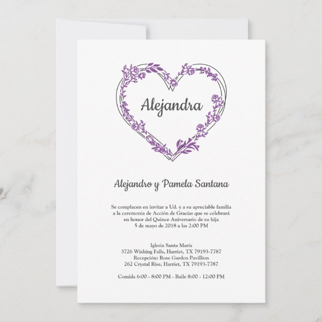 Corazón Floral en Morado para Quinceañera (Frente)