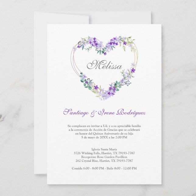 Corazón Floral en Morados para Quinceañera (Frente)