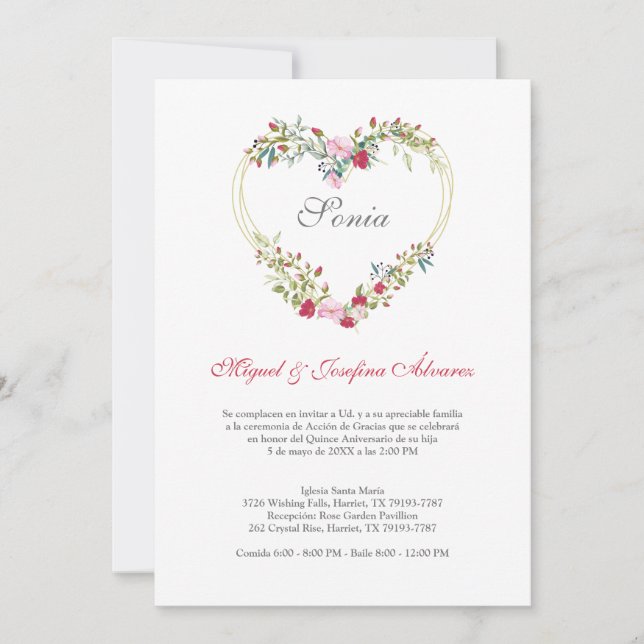 Corazón Floral en Rosa y Rojo para Quinceañera (Frente)