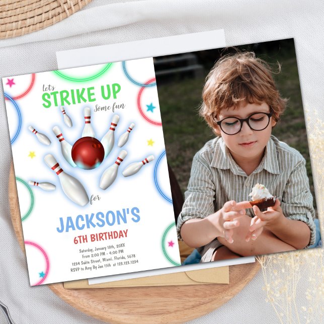 Cores Boliches Convites de Aniversário com Foto (Colors Bowling Birthday Invitations with photo)