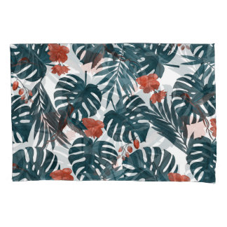 Cores de água tropicais, folhas, flores, beija-flo