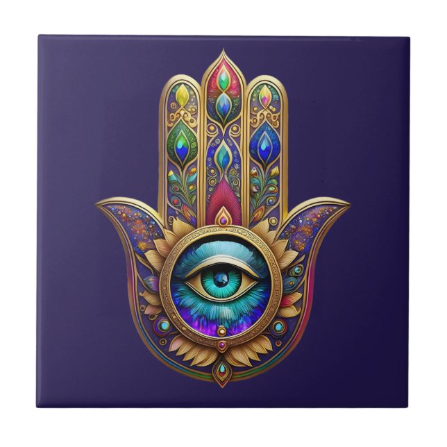 Cores de Pavão Dourado Hamsa Safira Terceiro Olho (Frente)