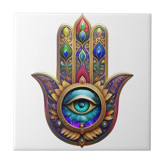 Cores de Pavão Dourado Hamsa Safira Terceiro Olho (Frente)