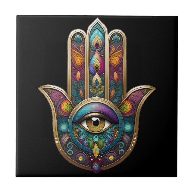 Cores de Pavão Hamsa com Terceiro Olho Dourado (Frente)