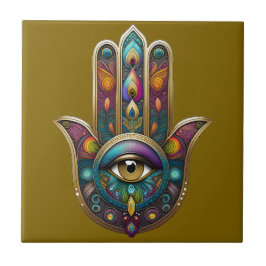 Cores de Pavão Hamsa com Terceiro Olho Dourado