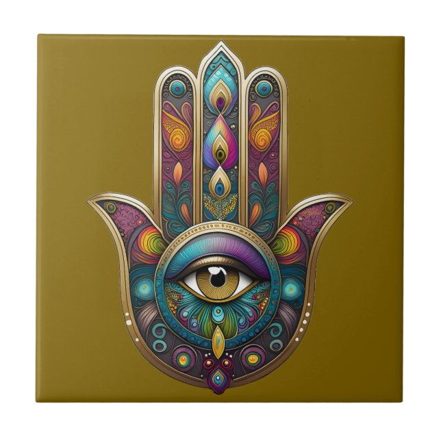 Cores de Pavão Hamsa com Terceiro Olho Dourado (Frente)