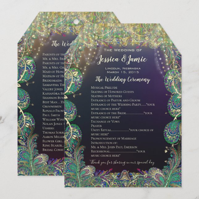 Cores de Pavão Paisley Programa de Casamento (Frente/Verso)