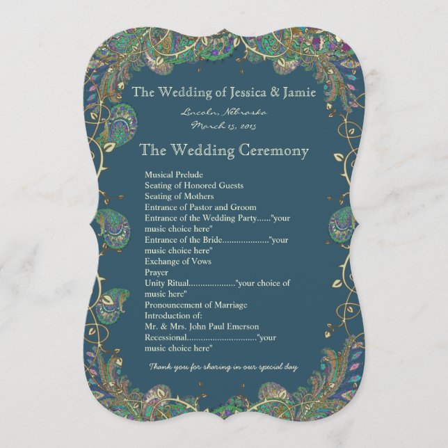 Cores de Pavão Paisley Programa de Casamento (Frente)
