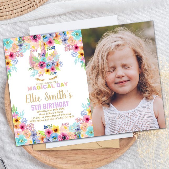 Cores Florais Foto Unicorn Convites de Aniversário (Floral Colors Photo Unicorn Birthday Invitations)