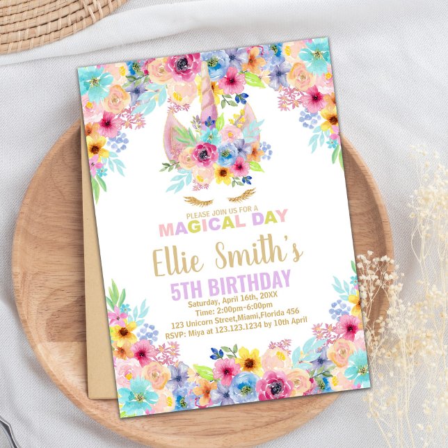Cores Florais Unicorn Convites de Aniversário (Floral Colors Unicorn Birthday Invitations)