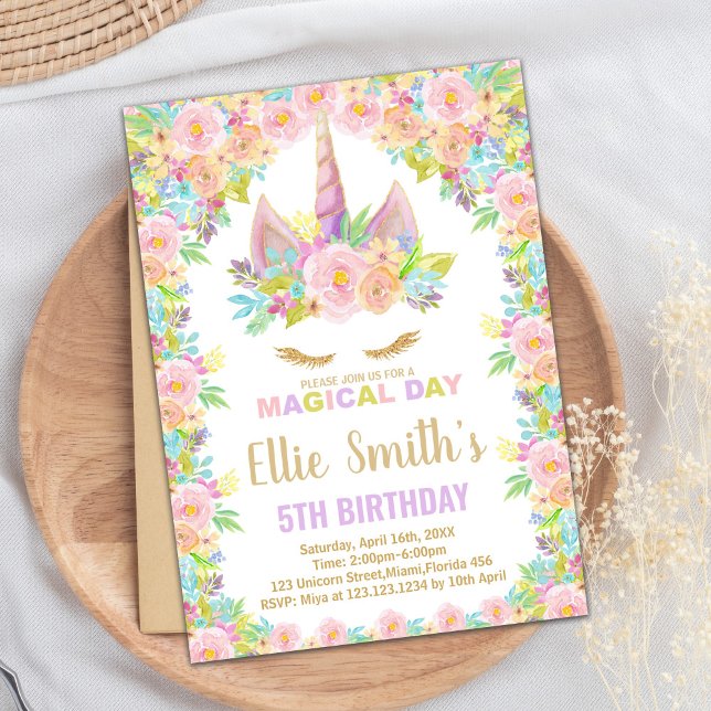 Cores Florais White Unicorn Convites de Aniversári (Floral Colors White Unicorn Birthday Invitations)