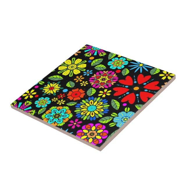 Cores Neon Em Preto Padrão Floral Retro Contínuo (Lateral)