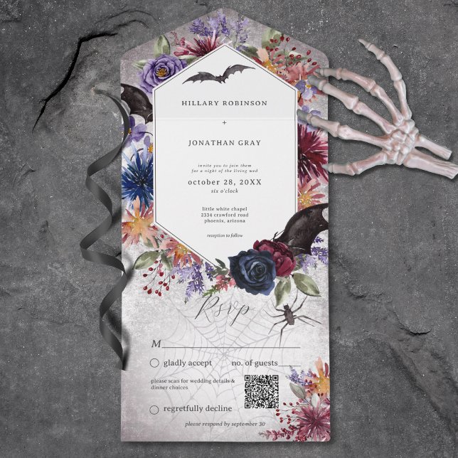 Cores Rústicas Góticas Casamento de Halloween Códi (Rustic Gothic Colorful Halloween Wedding QR Code All In One Invitation)