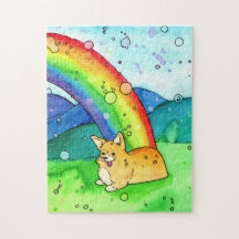 Corgi No Final Do Quebra-cabeça De Aquarela Arco-Í
