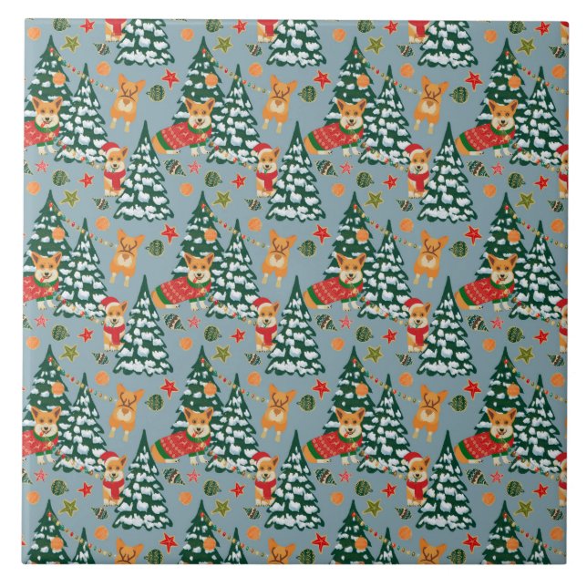 Corgis decoram a Árvore de Natal em Floresta (Frente)