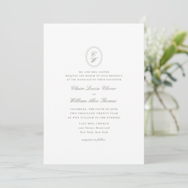 Coroa Botânica Elegante Convite de Casamento Monog (Em pé/Frente)