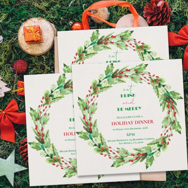 Coroa de Folhas Verdes Convite para Festa de Natal (Green Leaves Wreath Christmas Party Invitation)
